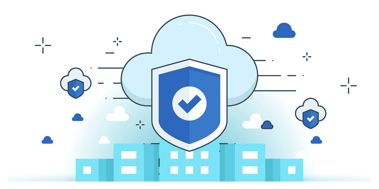  A blue and white illustration of a cloud with a checkmark on it and buildings below it, representing the search query 'Cloud networking security measures'.